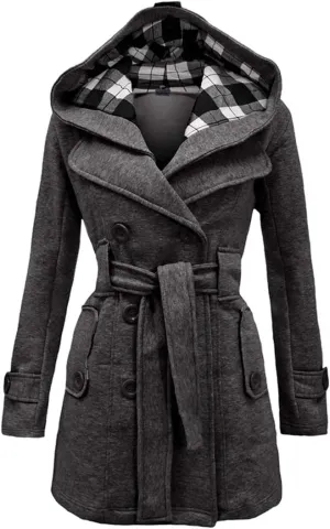 GORIFE Women Double Breasted Faux Fur Pea Coats Solid Thick Hooded Lapel Jackets With Belt