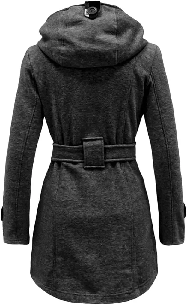 GORIFE Women Double Breasted Faux Fur Pea Coats Solid Thick Hooded Lapel Jackets With Belt