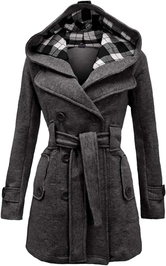 GORIFE Women Double Breasted Faux Fur Pea Coats Solid Thick Hooded Lapel Jackets With Belt