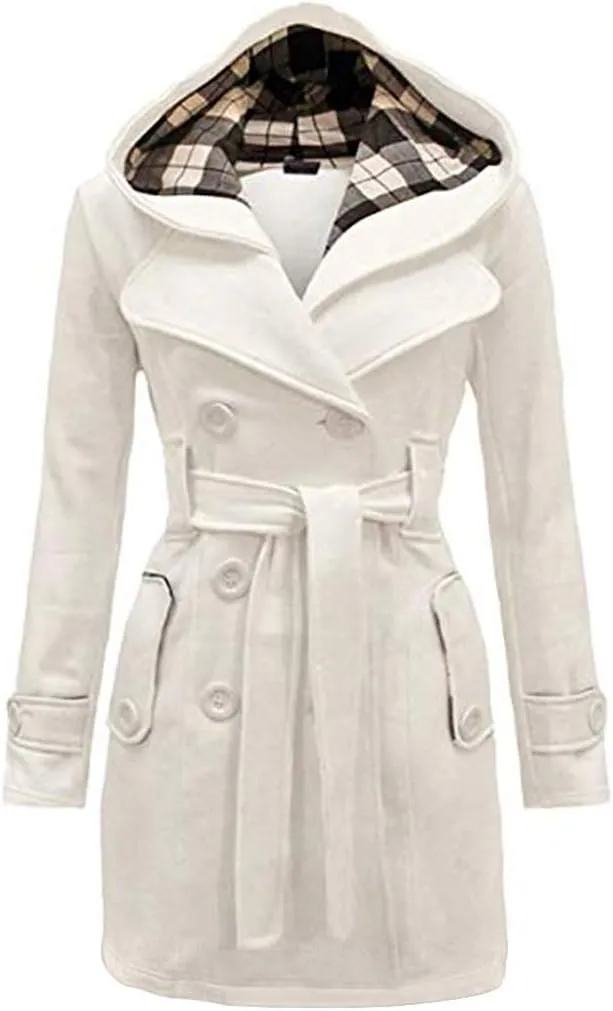 GORIFE Women Double Breasted Faux Fur Pea Coats Solid Thick Hooded Lapel Jackets With Belt