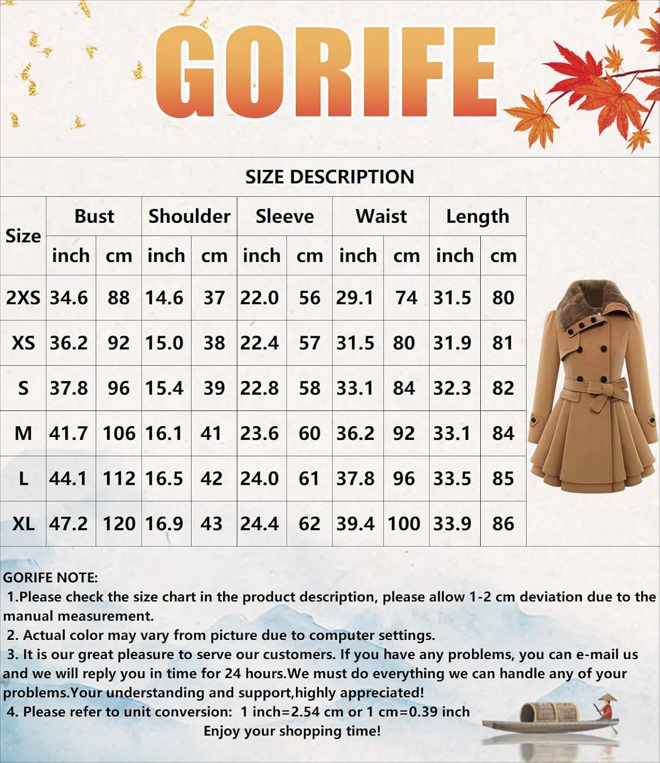 GORIFE Women Faux Fur Collar Coat Double Breasted Wool Blend Trench Coat Midi Swing Coat with Belt