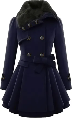GORIFE Women Faux Fur Collar Coat Double Breasted Wool Blend Trench Coat Midi Swing Coat with Belt
