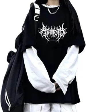 Goth Shirt Gothic Shirt Fake Two-Piece Alternative Clothing Goth Long Sleeve Top Grunge Clothes