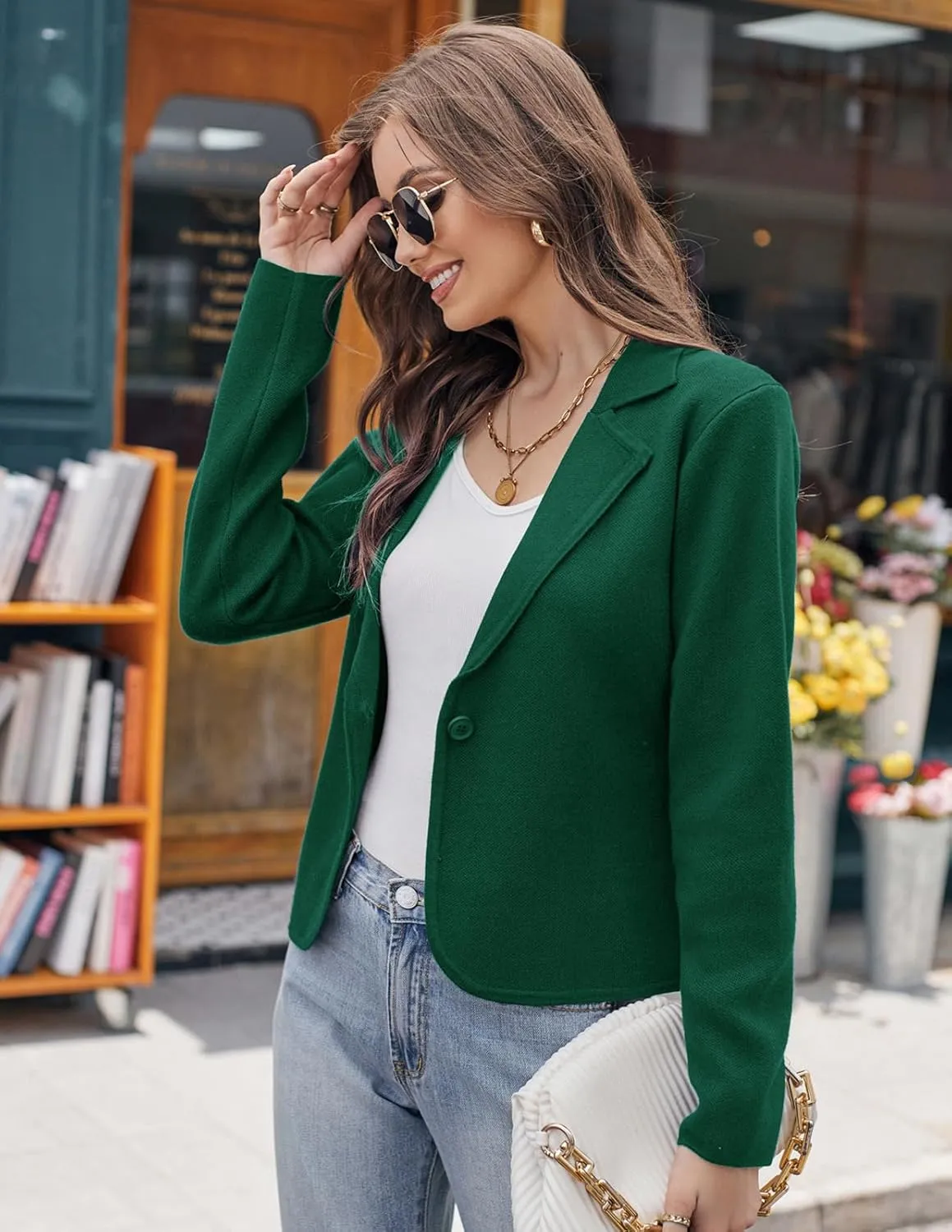 GRACE KARIN Women Sweater Blazer Casual Work Croppped Cardigan Lightweight Button Front Short Knit Blazer Jacket S-XXL