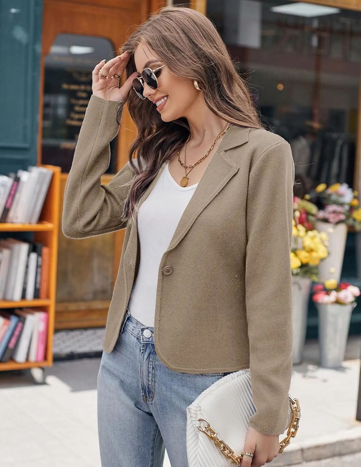 GRACE KARIN Women Sweater Blazer Casual Work Croppped Cardigan Lightweight Button Front Short Knit Blazer Jacket S-XXL