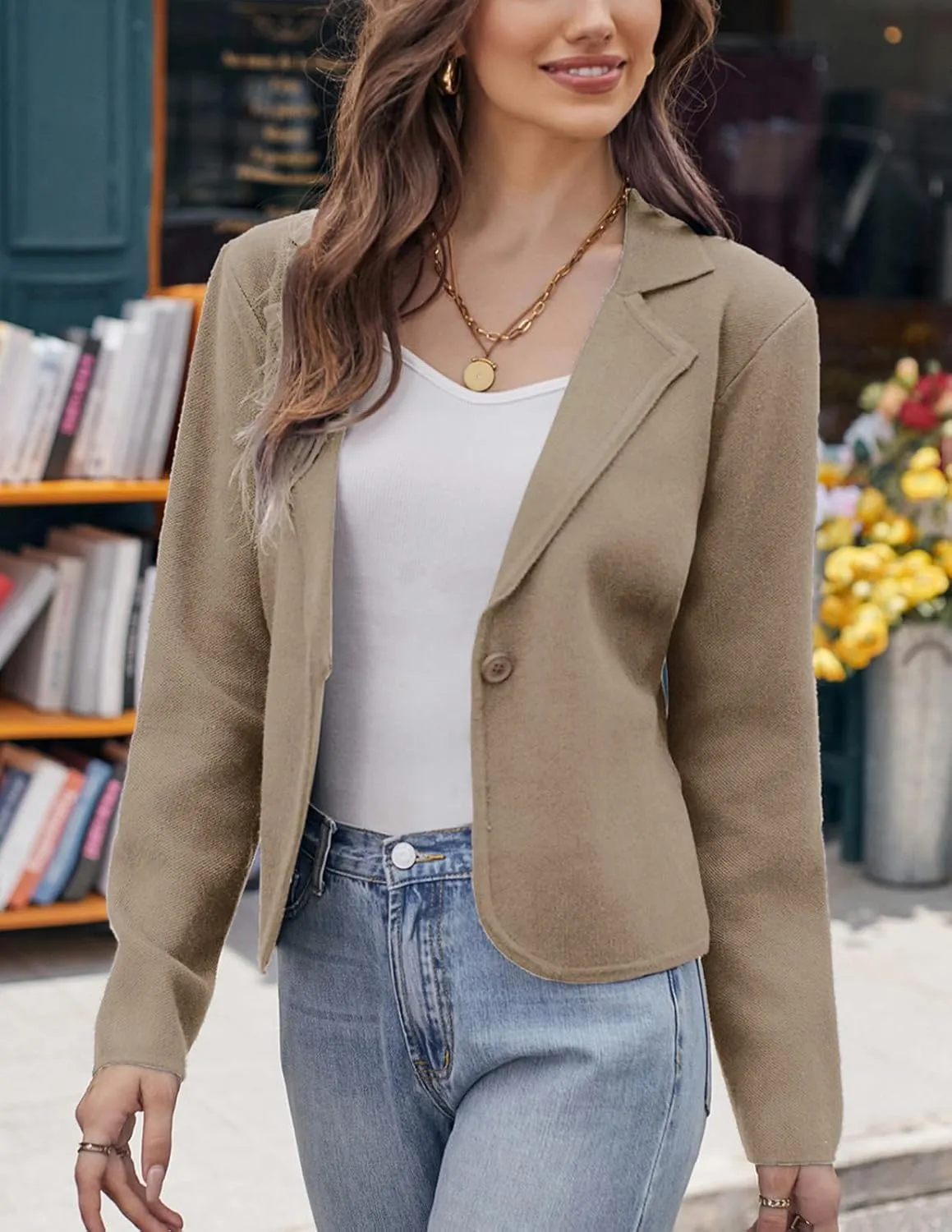 GRACE KARIN Women Sweater Blazer Casual Work Croppped Cardigan Lightweight Button Front Short Knit Blazer Jacket S-XXL