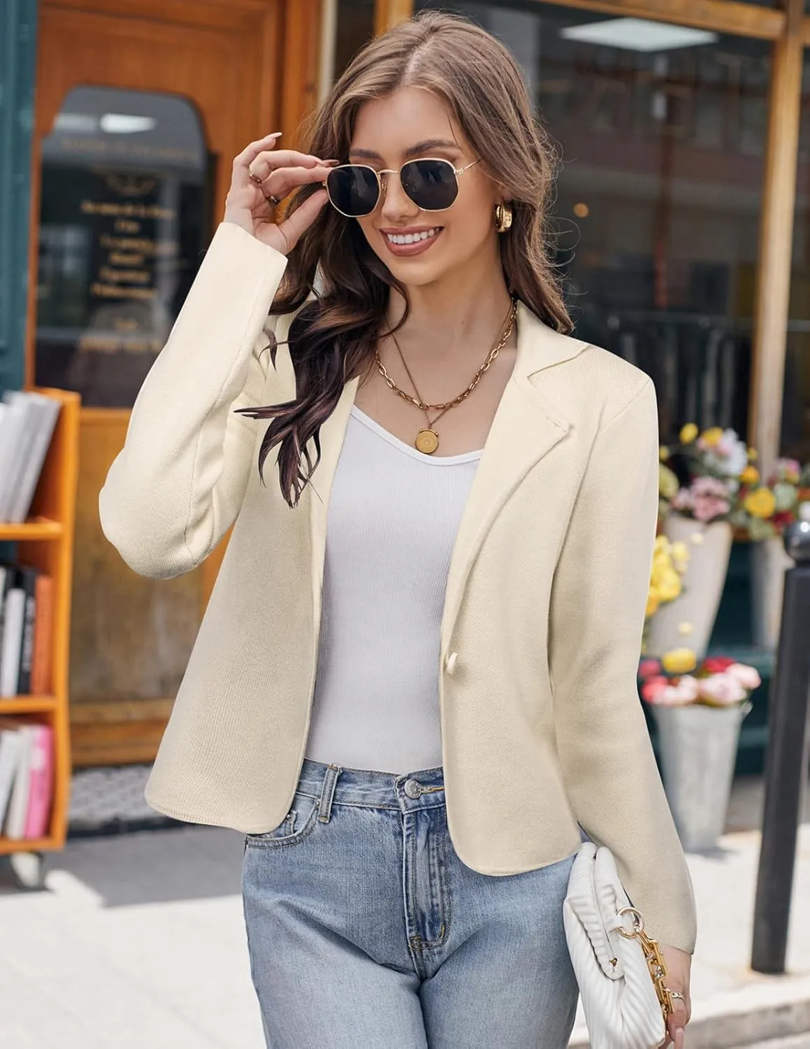 GRACE KARIN Women Sweater Blazer Casual Work Croppped Cardigan Lightweight Button Front Short Knit Blazer Jacket S-XXL