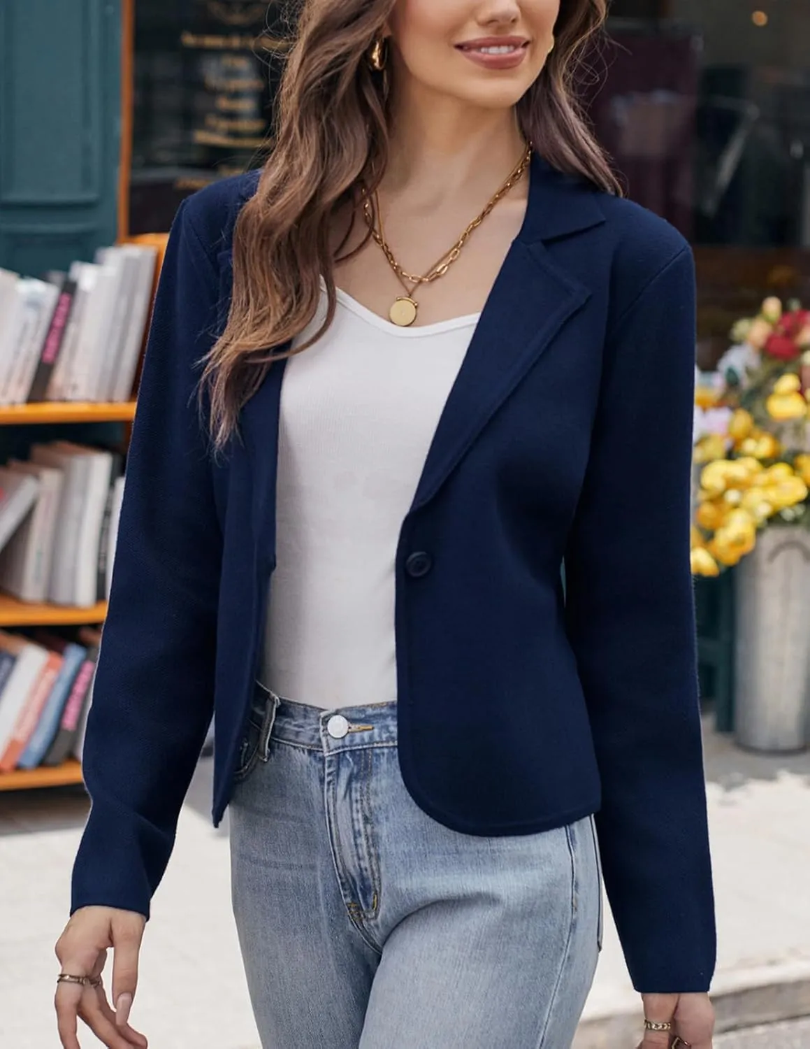 GRACE KARIN Women Sweater Blazer Casual Work Croppped Cardigan Lightweight Button Front Short Knit Blazer Jacket S-XXL