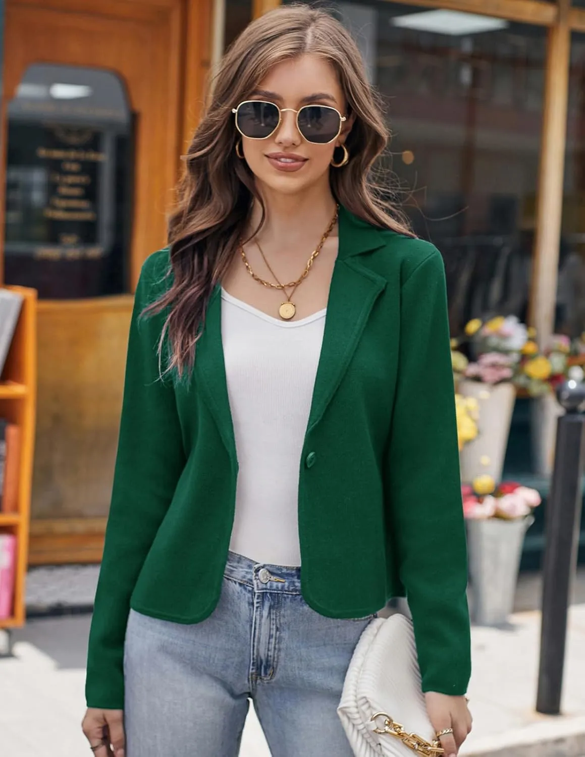 GRACE KARIN Women Sweater Blazer Casual Work Croppped Cardigan Lightweight Button Front Short Knit Blazer Jacket S-XXL