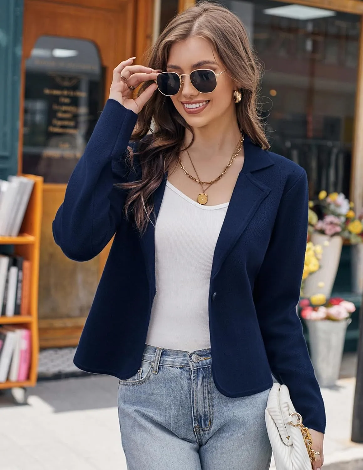 GRACE KARIN Women Sweater Blazer Casual Work Croppped Cardigan Lightweight Button Front Short Knit Blazer Jacket S-XXL