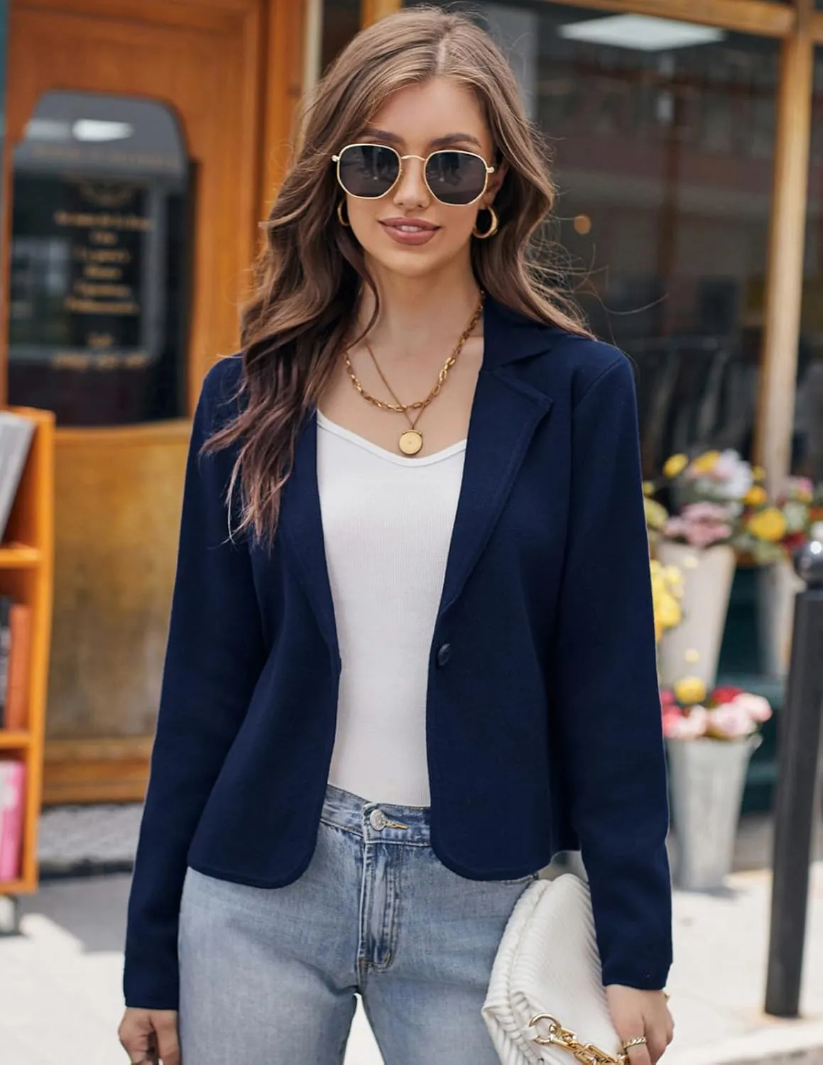 GRACE KARIN Women Sweater Blazer Casual Work Croppped Cardigan Lightweight Button Front Short Knit Blazer Jacket S-XXL
