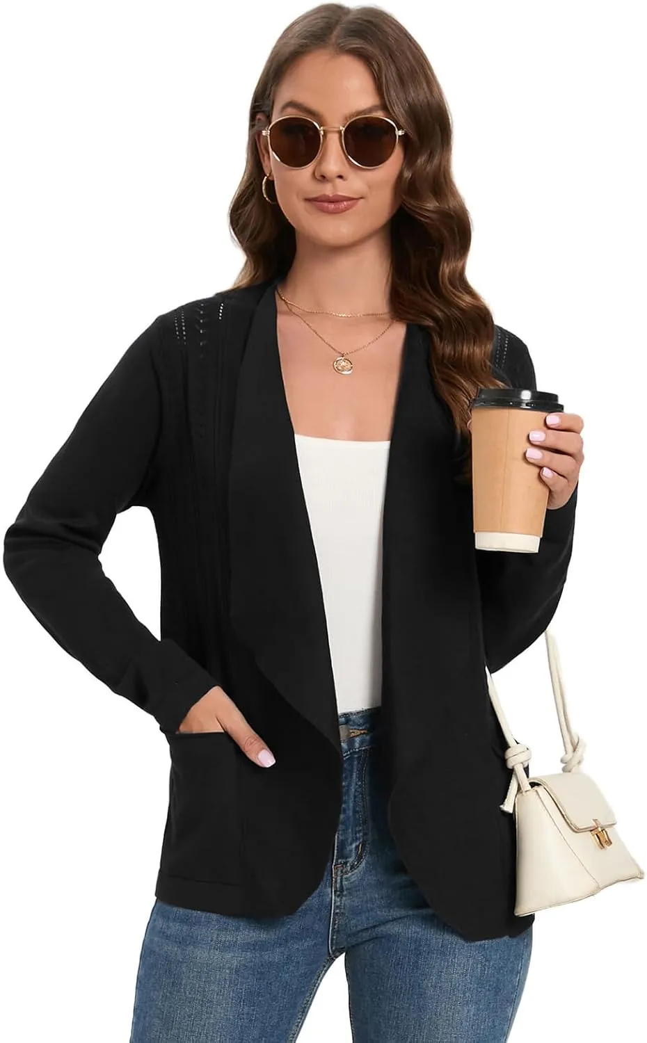 GRACE KARIN Women's Open Front Sweater Blazer Lapel Cardigan Sweater Long Sleeve Knitted Blazer Jackets with Pockets