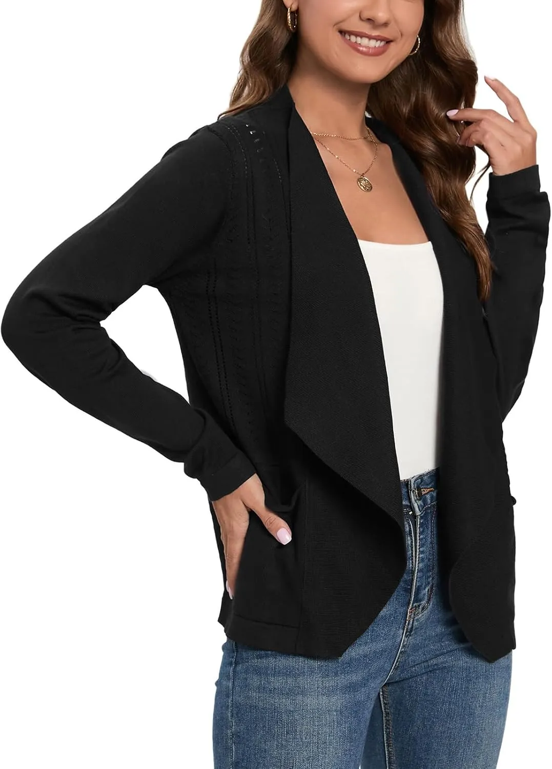GRACE KARIN Women's Open Front Sweater Blazer Lapel Cardigan Sweater Long Sleeve Knitted Blazer Jackets with Pockets