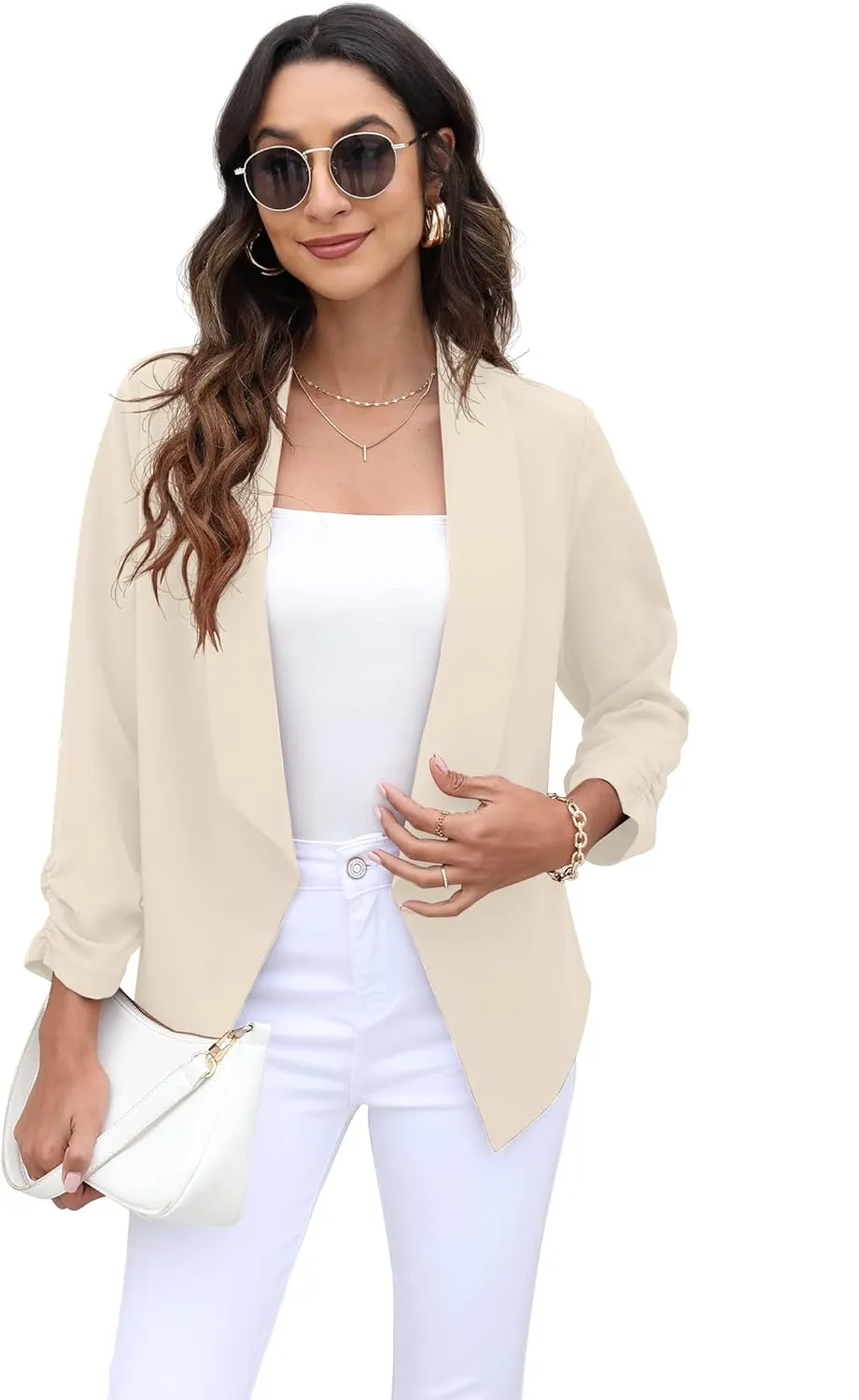 GRECERELLE Women's Blazer Suit Open Front Cardigan 3/4 Sleeve Fitted Jacket Casual Office Cropped Blazer