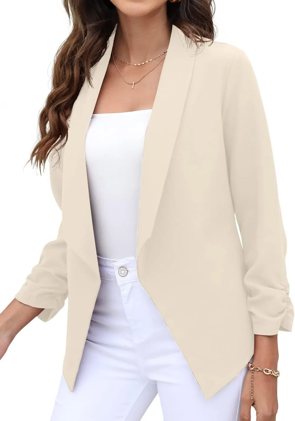 GRECERELLE Women's Blazer Suit Open Front Cardigan 3/4 Sleeve Fitted Jacket Casual Office Cropped Blazer