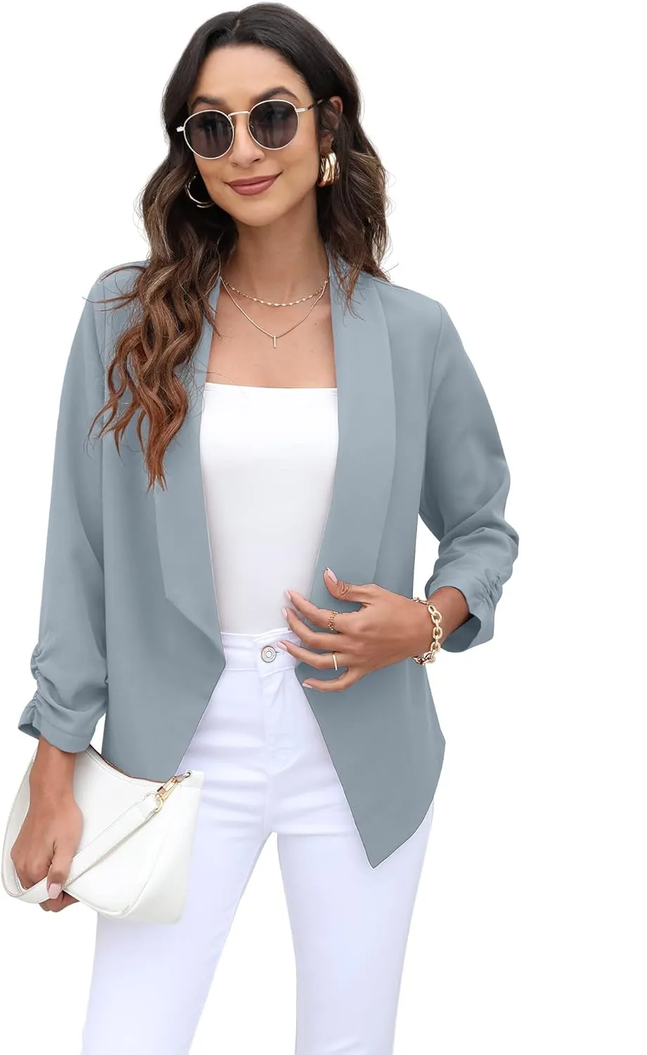 GRECERELLE Women's Blazer Suit Open Front Cardigan 3/4 Sleeve Fitted Jacket Casual Office Cropped Blazer