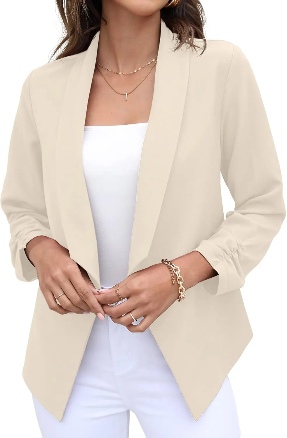 GRECERELLE Women's Blazer Suit Open Front Cardigan 3/4 Sleeve Fitted Jacket Casual Office Cropped Blazer