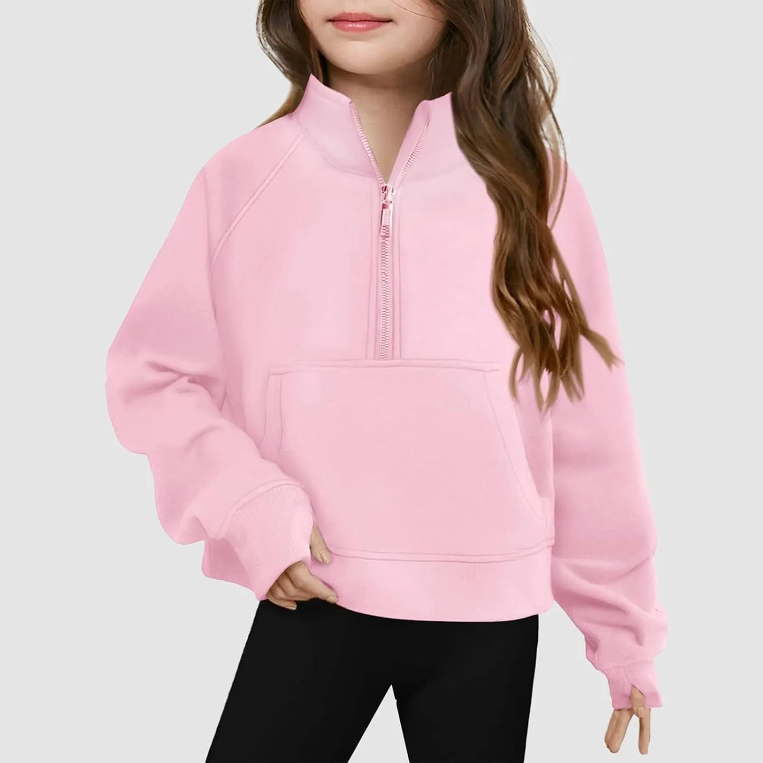 Half Zip Crop Sweatshirt for Girls Long Sleeve Pullover Tops Kids Lightweight Fleece Winter Cozy Athletic Clothes