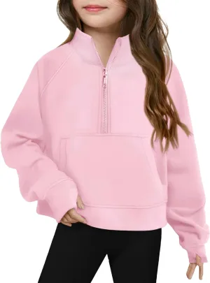 Half Zip Crop Sweatshirt for Girls Long Sleeve Pullover Tops Kids Lightweight Fleece Winter Cozy Athletic Clothes