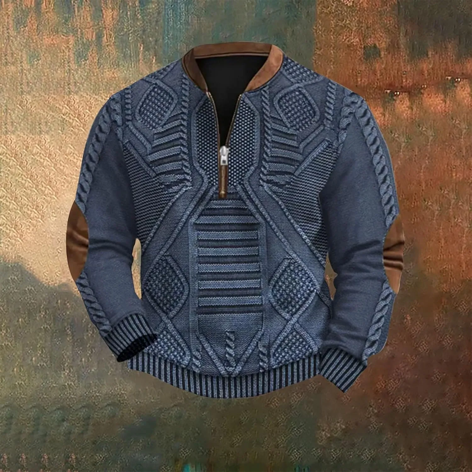 Half Zip Pullover Vintage Long Sleeve Sweatshirt Elbow Patch Sweatshirt Fashion Hoodless Western Top