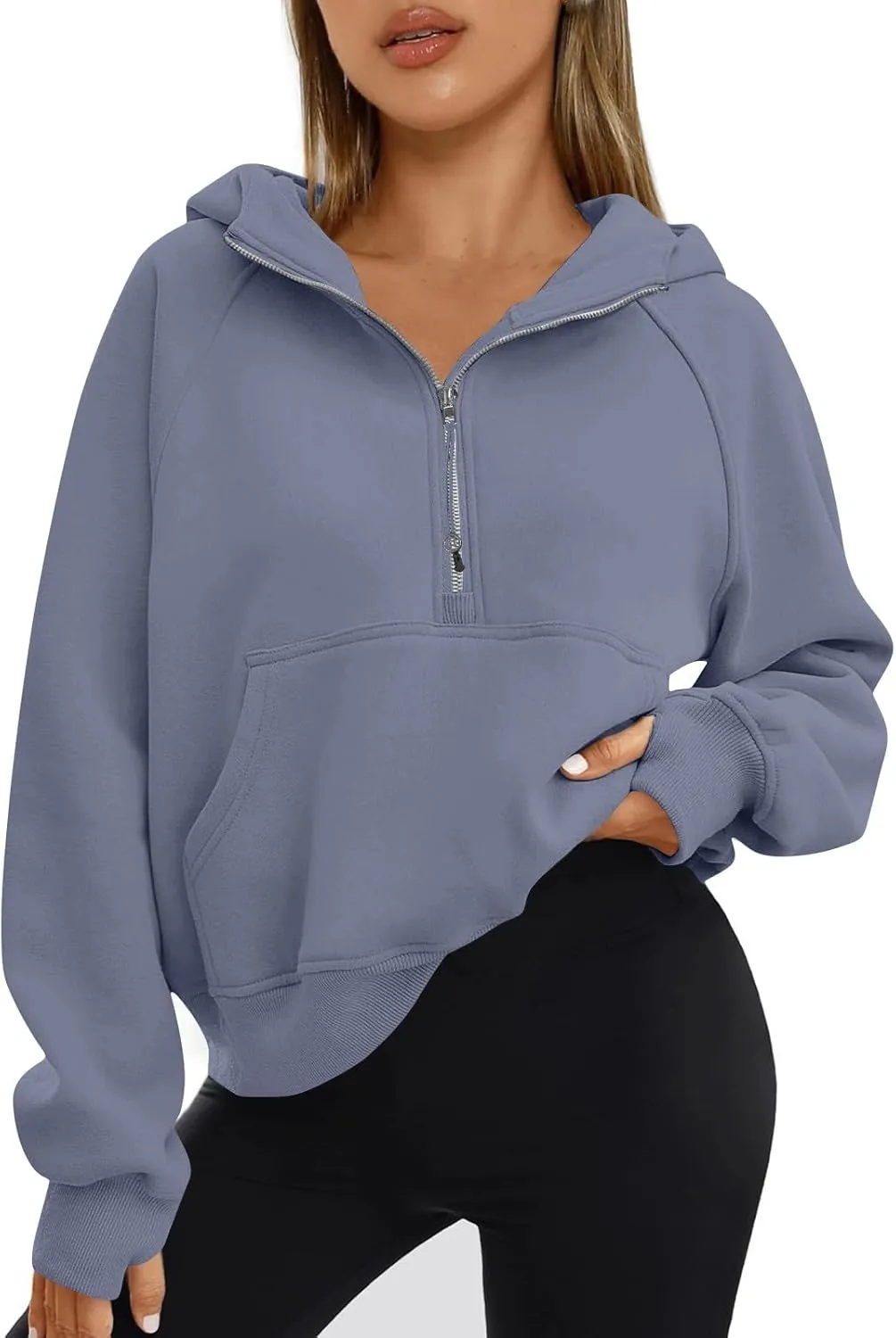 Half Zip Pullover Women Fleece Thumb Hole Cropped Hoodie Y2k Raglan Quarter Zipped Hooded Sweatshirt with Pockets