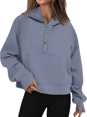 Half Zip Pullover Women Fleece Thumb Hole Cropped Hoodie Y2k Raglan Quarter Zipped Hooded Sweatshirt with Pockets
