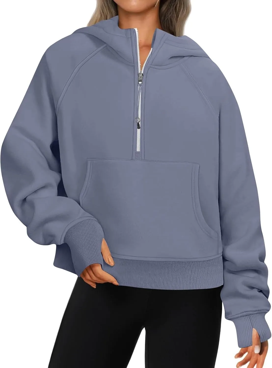 Half Zip Pullover Women Fleece Thumb Hole Cropped Hoodie Y2k Raglan Quarter Zipped Hooded Sweatshirt with Pockets