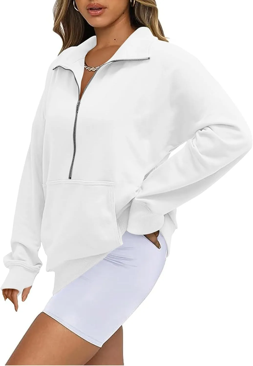 Half Zip Sweatshirt Women Cropped Oversized Fleece Pullover Zipped Thumb Hole Cute Sweatshirts with Pockets