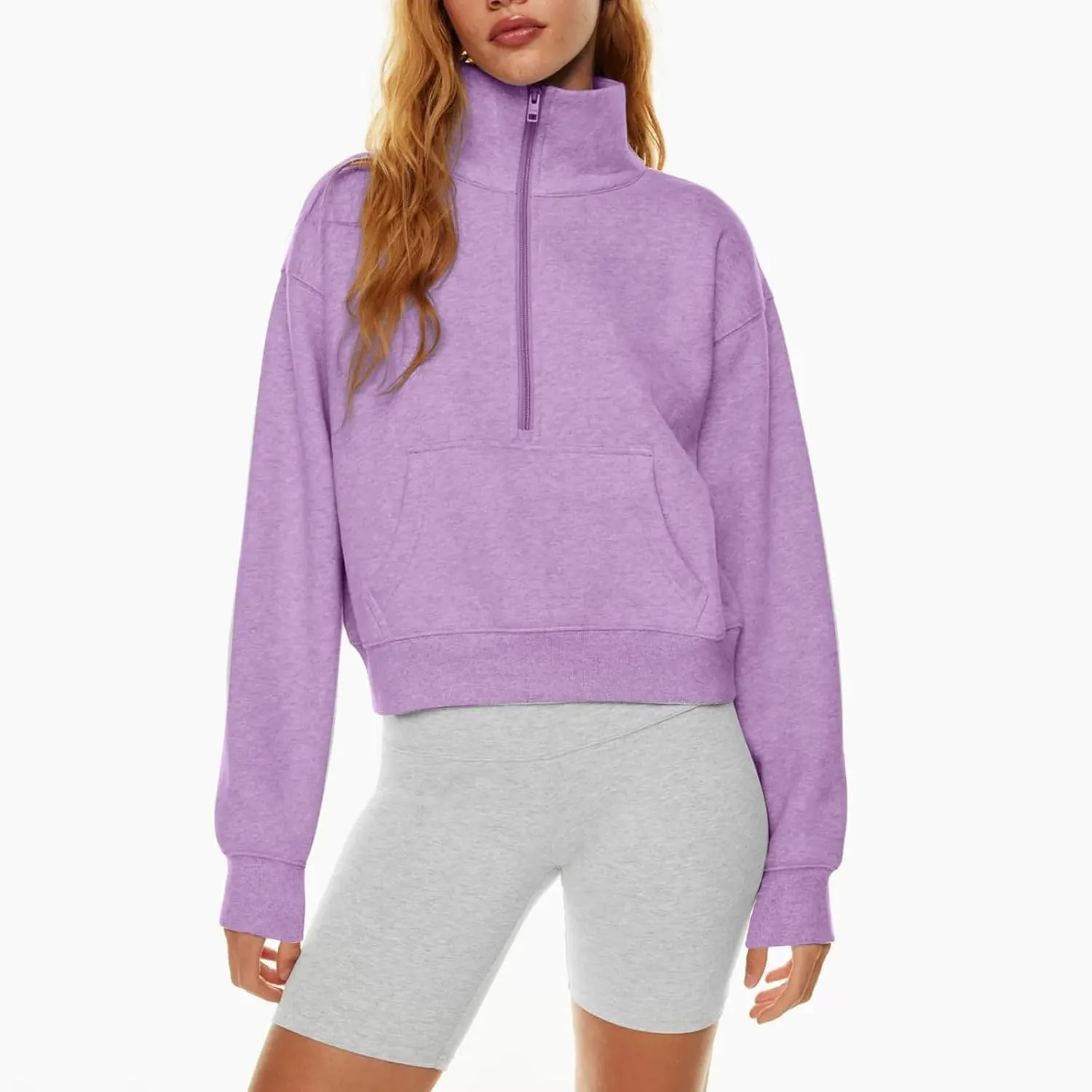 Half Zip Sweatshirt Women Cropped Oversized Fleece Pullover Zipped Thumb Hole Cute Sweatshirts with Pockets