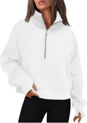 Half Zip Sweatshirt Women Cropped Oversized Fleece Pullover Zipped Thumb Hole Cute Sweatshirts with Pockets