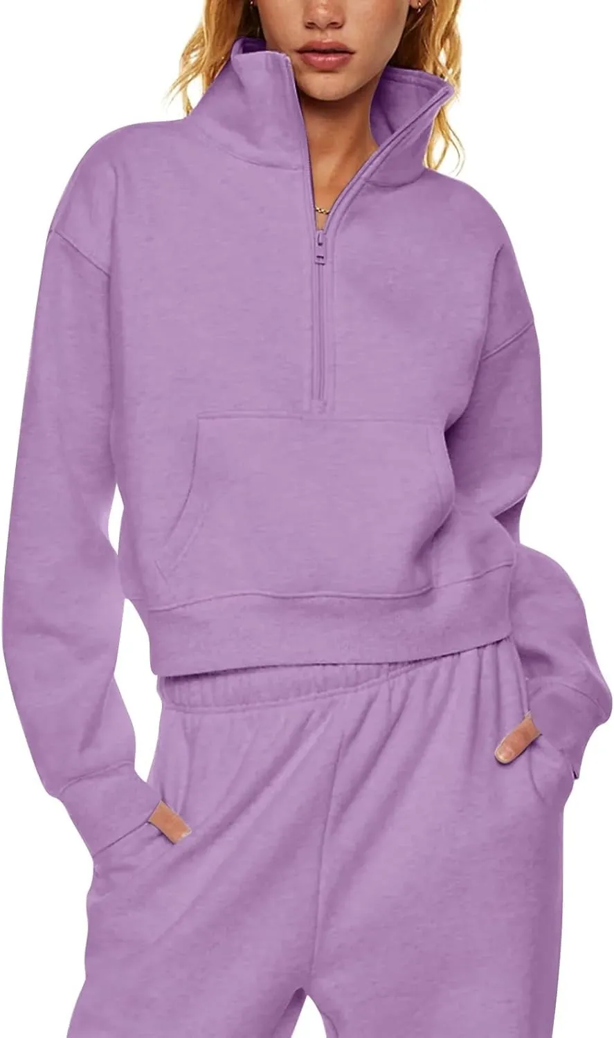 Half Zip Sweatshirt Women Cropped Oversized Fleece Pullover Zipped Thumb Hole Cute Sweatshirts with Pockets