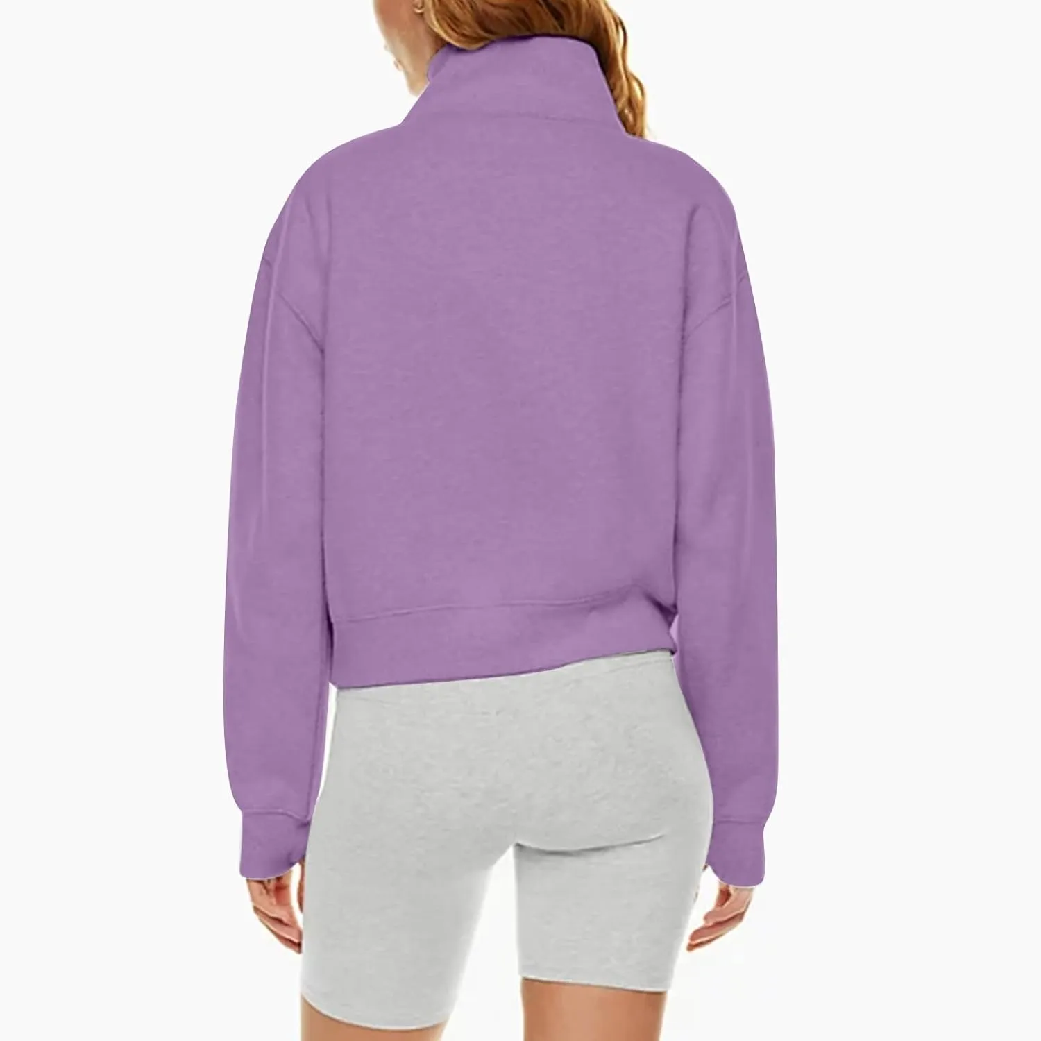 Half Zip Sweatshirt Women Cropped Oversized Fleece Pullover Zipped Thumb Hole Cute Sweatshirts with Pockets