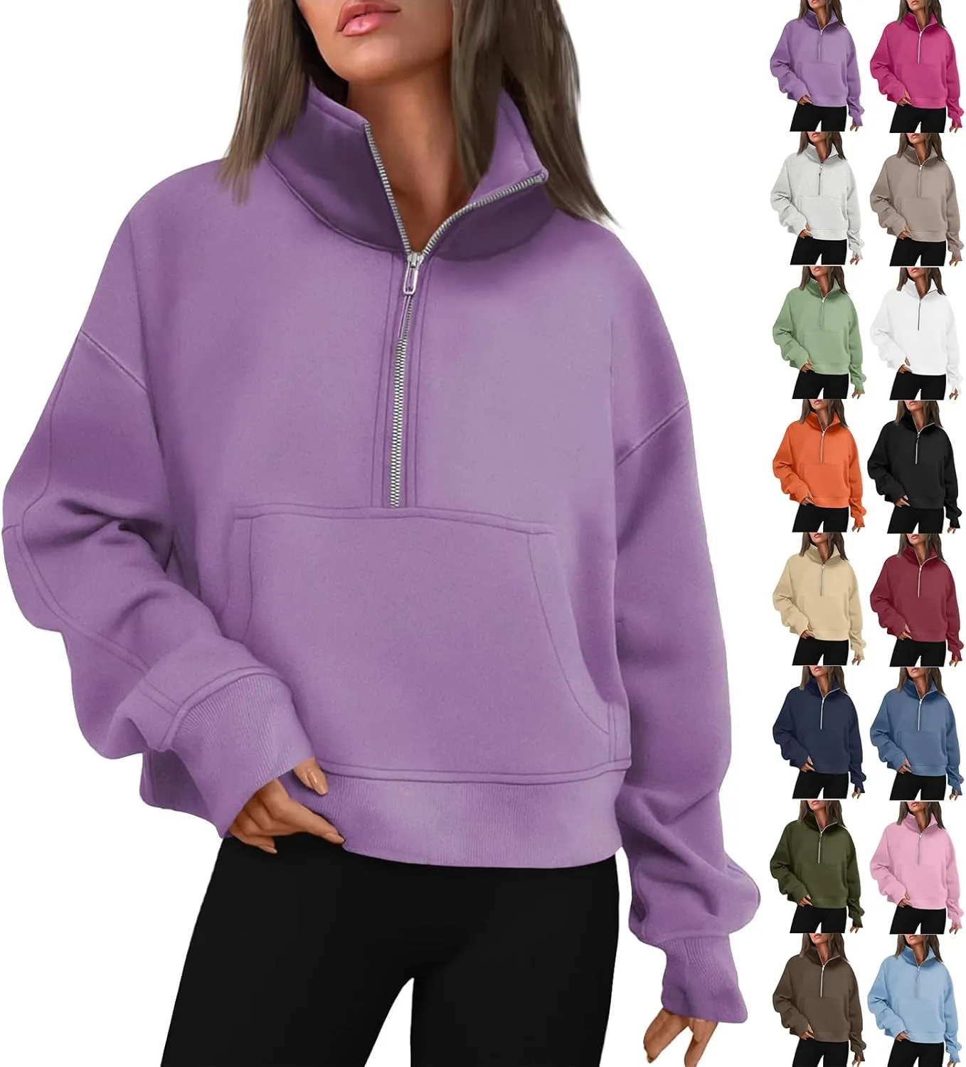 Half Zip Sweatshirt Women Cropped Oversized Fleece Pullover Zipped Thumb Hole Cute Sweatshirts with Pockets