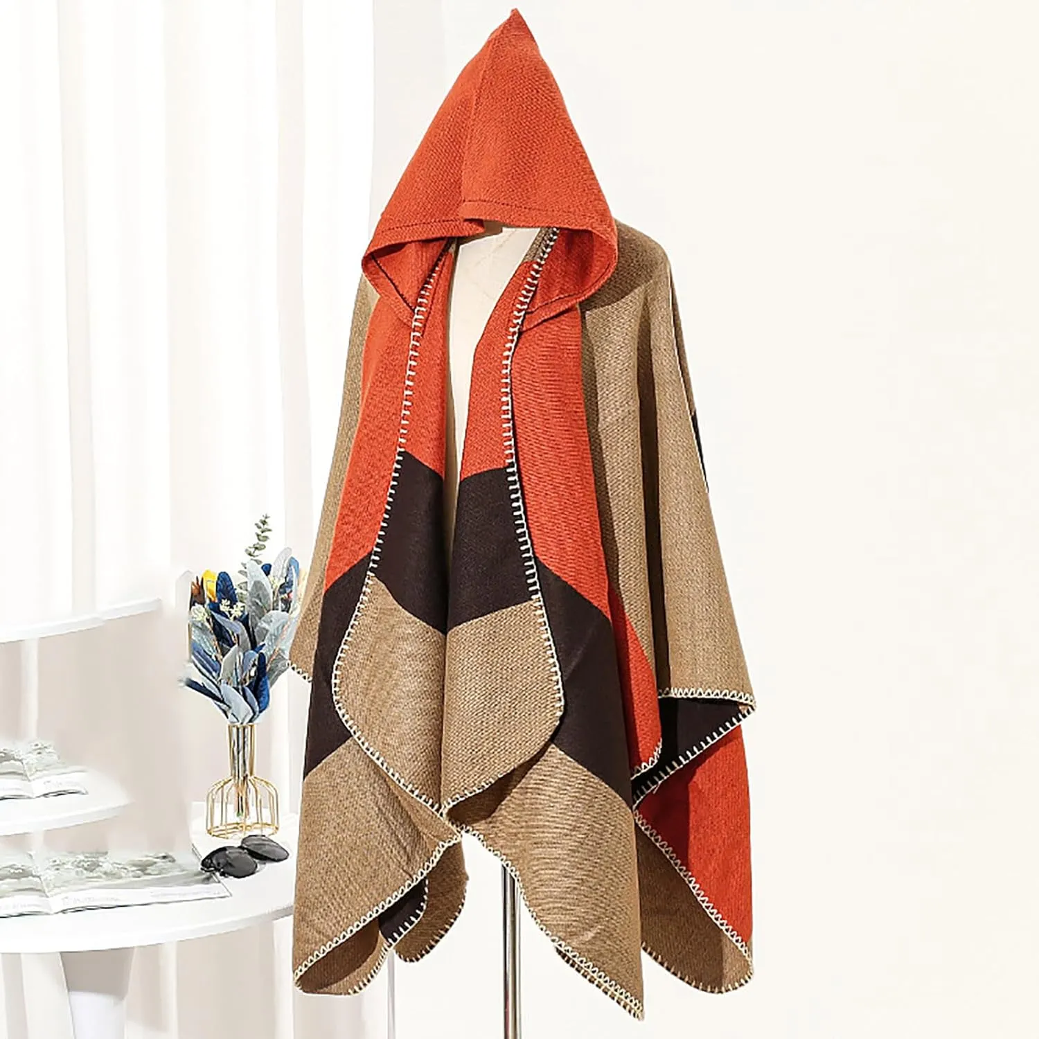 HGps8w Knitted Hooded Cape for Women Dressy Color Block Shawl Wraps Sweater Poncho Cape Cardigan Cloak Winter Coat