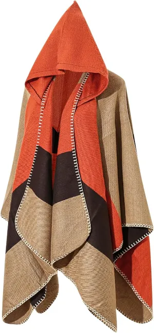 HGps8w Knitted Hooded Cape for Women Dressy Color Block Shawl Wraps Sweater Poncho Cape Cardigan Cloak Winter Coat