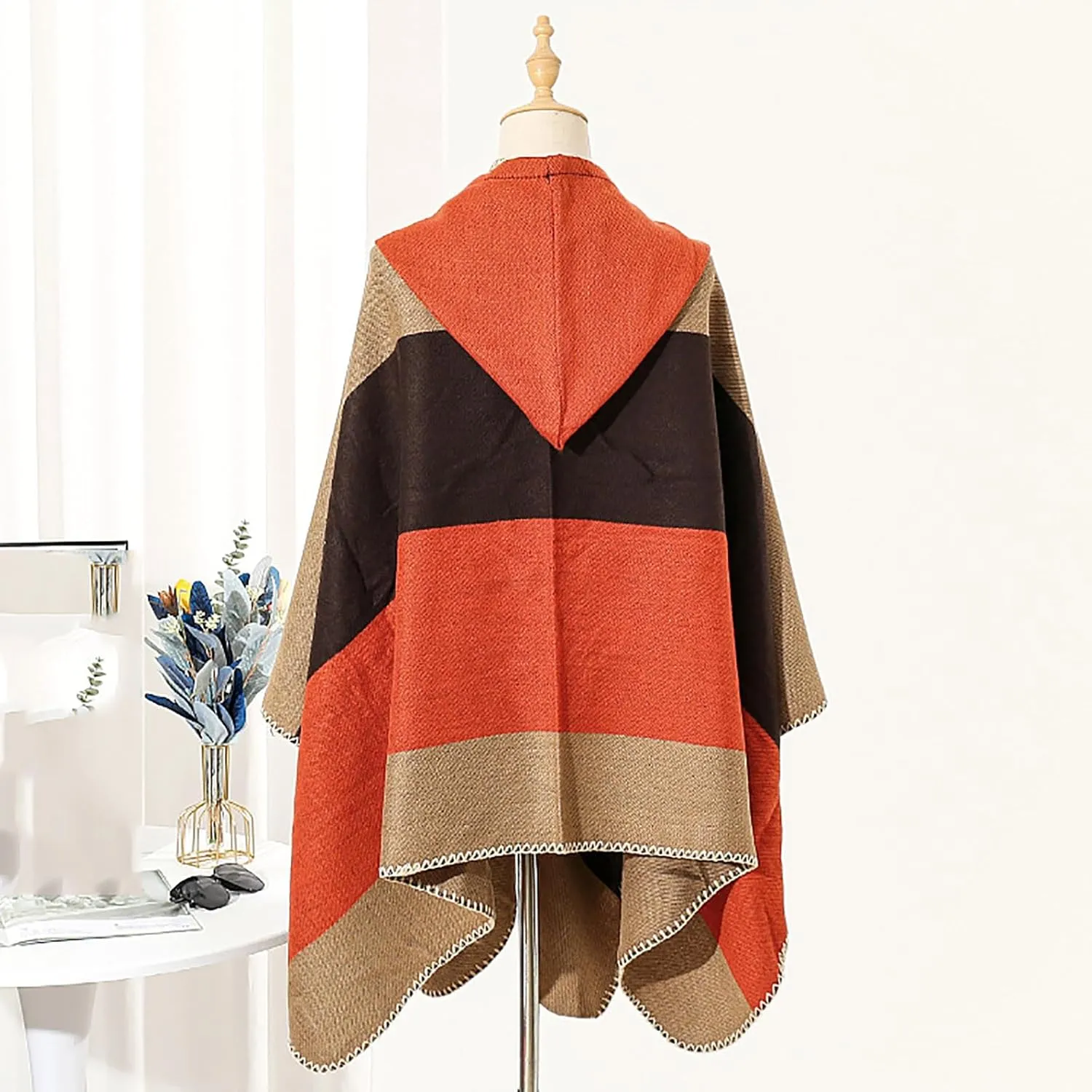 HGps8w Knitted Hooded Cape for Women Dressy Color Block Shawl Wraps Sweater Poncho Cape Cardigan Cloak Winter Coat