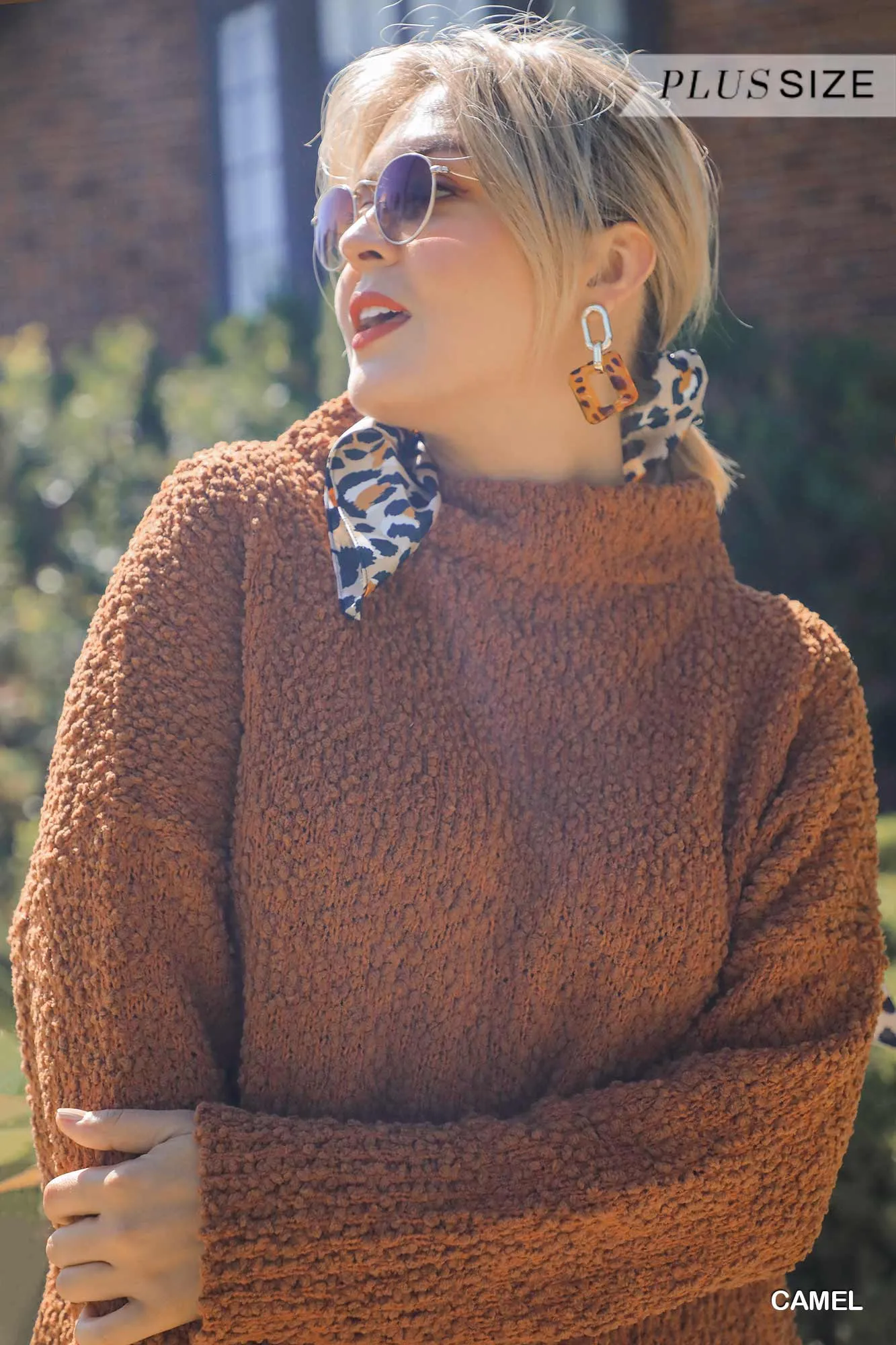 High Cowl Neck Boucl Long Sleeve Sweater Dress