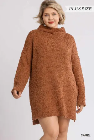 High Cowl Neck Boucl Long Sleeve Sweater Dress
