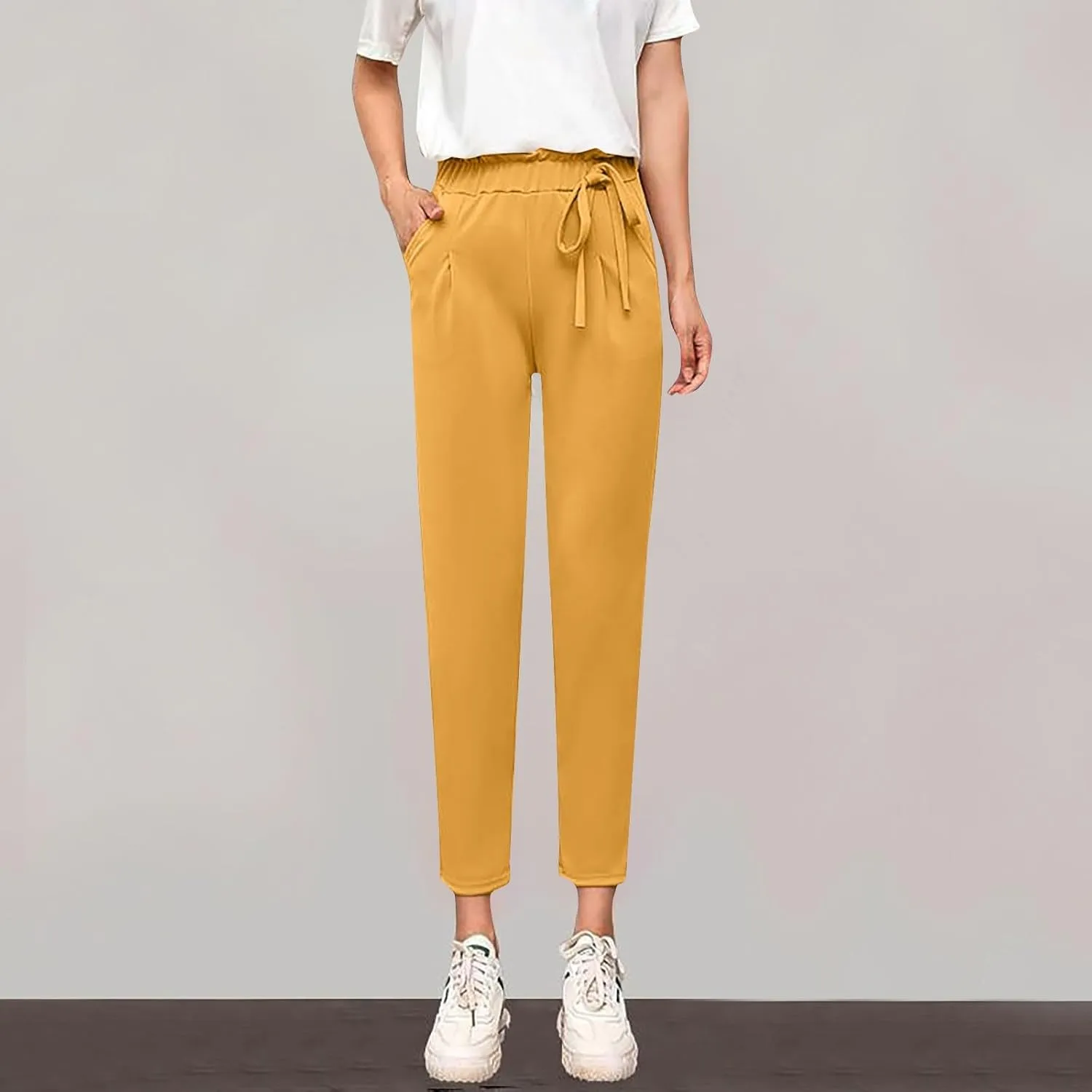 High Waist Pencil Pants for Womens Dressy Bow Knot Cotton Pants Straight Leg Business Work Trousers with Pockets