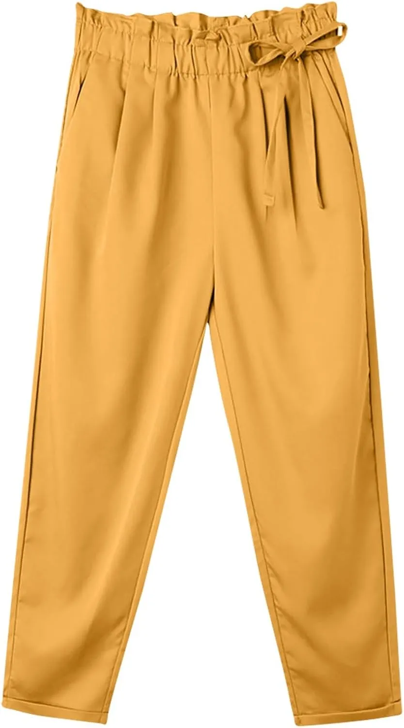 High Waist Pencil Pants for Womens Dressy Bow Knot Cotton Pants Straight Leg Business Work Trousers with Pockets