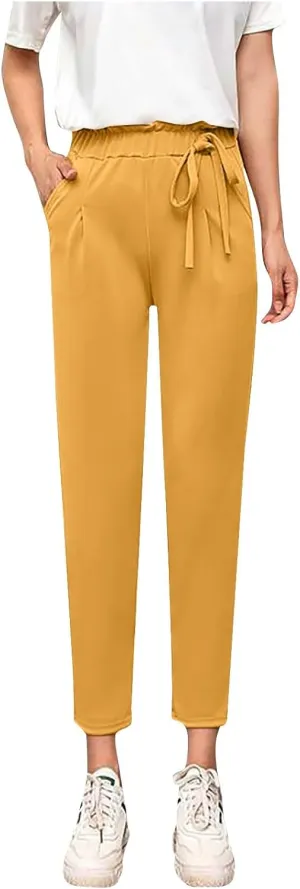 High Waist Pencil Pants for Womens Dressy Bow Knot Cotton Pants Straight Leg Business Work Trousers with Pockets