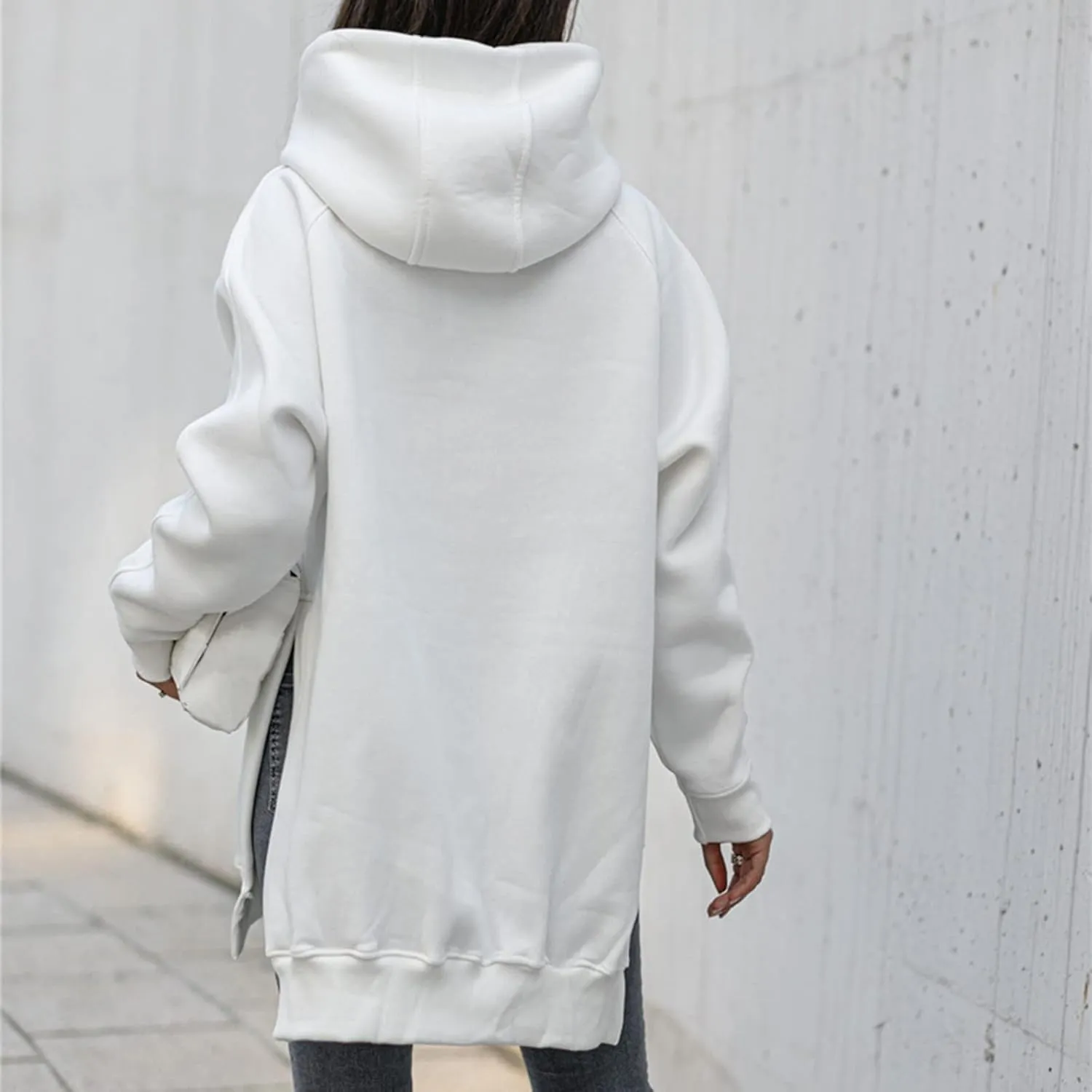 Hooded Sweatshirt Solid Color Ladies Solid Color Thickened Slit Front Pocket Long Sleeve Hoodie