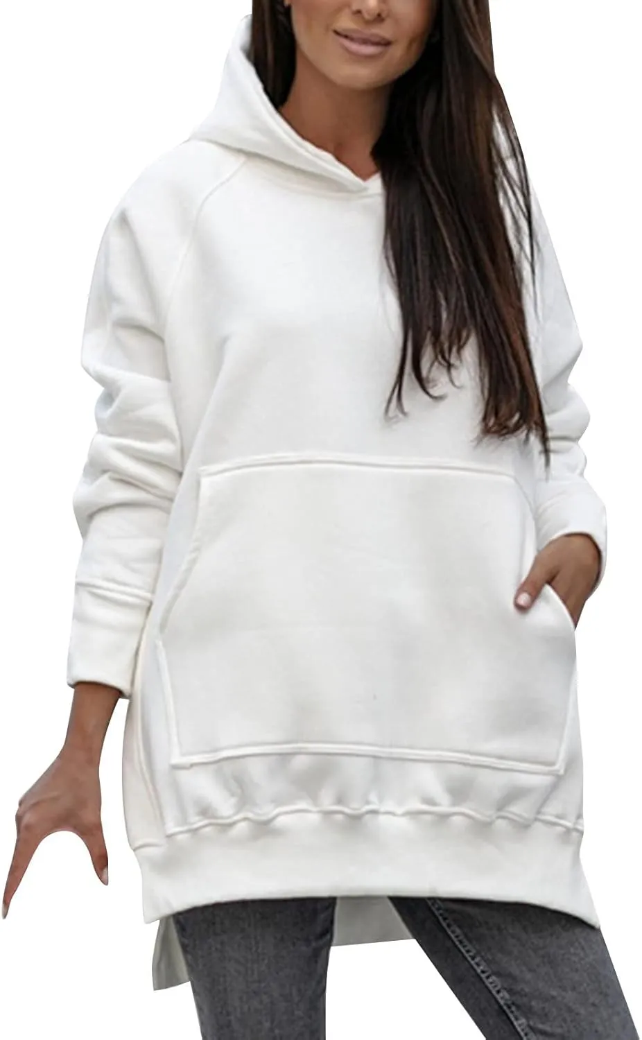 Hooded Sweatshirt Solid Color Ladies Solid Color Thickened Slit Front Pocket Long Sleeve Hoodie