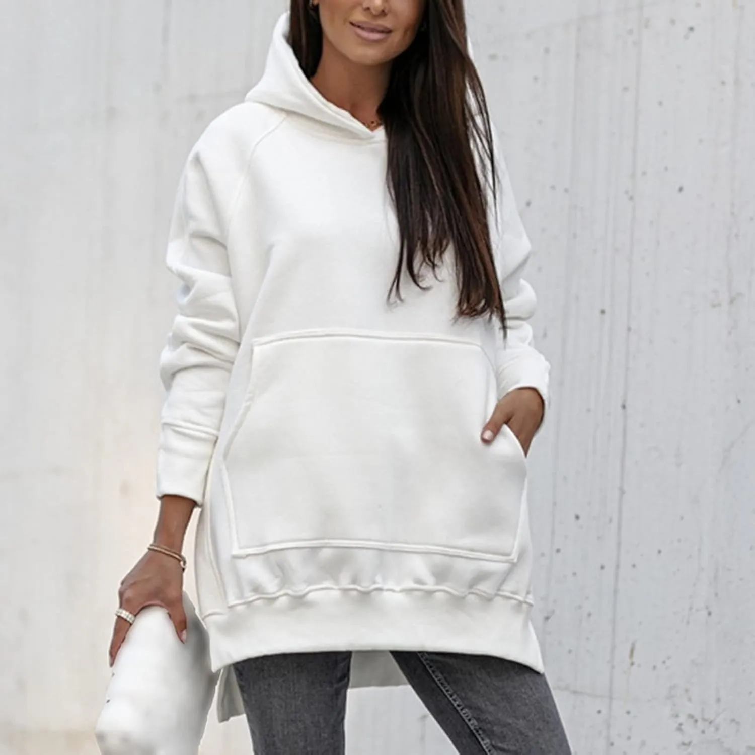 Hooded Sweatshirt Solid Color Ladies Solid Color Thickened Slit Front Pocket Long Sleeve Hoodie