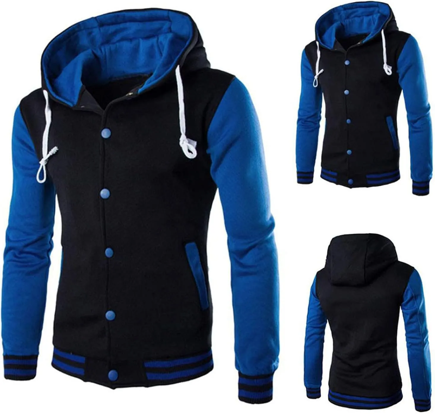 Hooded Varsity Jacket Men,Contrast Color Patchwork Baseball Jacket Button Slim Casual Sports Sweatshirts with Pocket