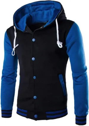 Hooded Varsity Jacket Men,Contrast Color Patchwork Baseball Jacket Button Slim Casual Sports Sweatshirts with Pocket