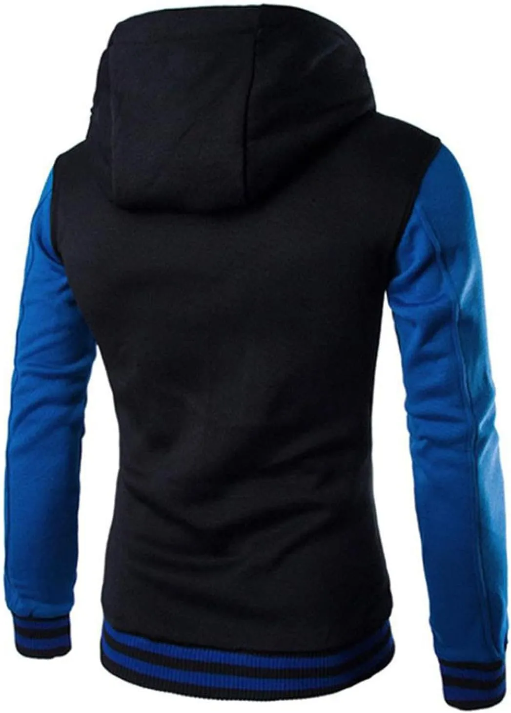 Hooded Varsity Jacket Men,Contrast Color Patchwork Baseball Jacket Button Slim Casual Sports Sweatshirts with Pocket