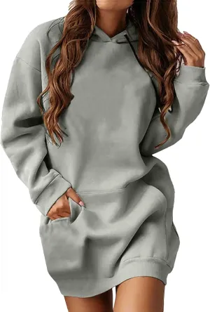 Hoodie Dress for Women Oversized Hooded Pullover Long Sleeve Sweatshirts Casual Fall Winter Hoodies Dress with Pocket