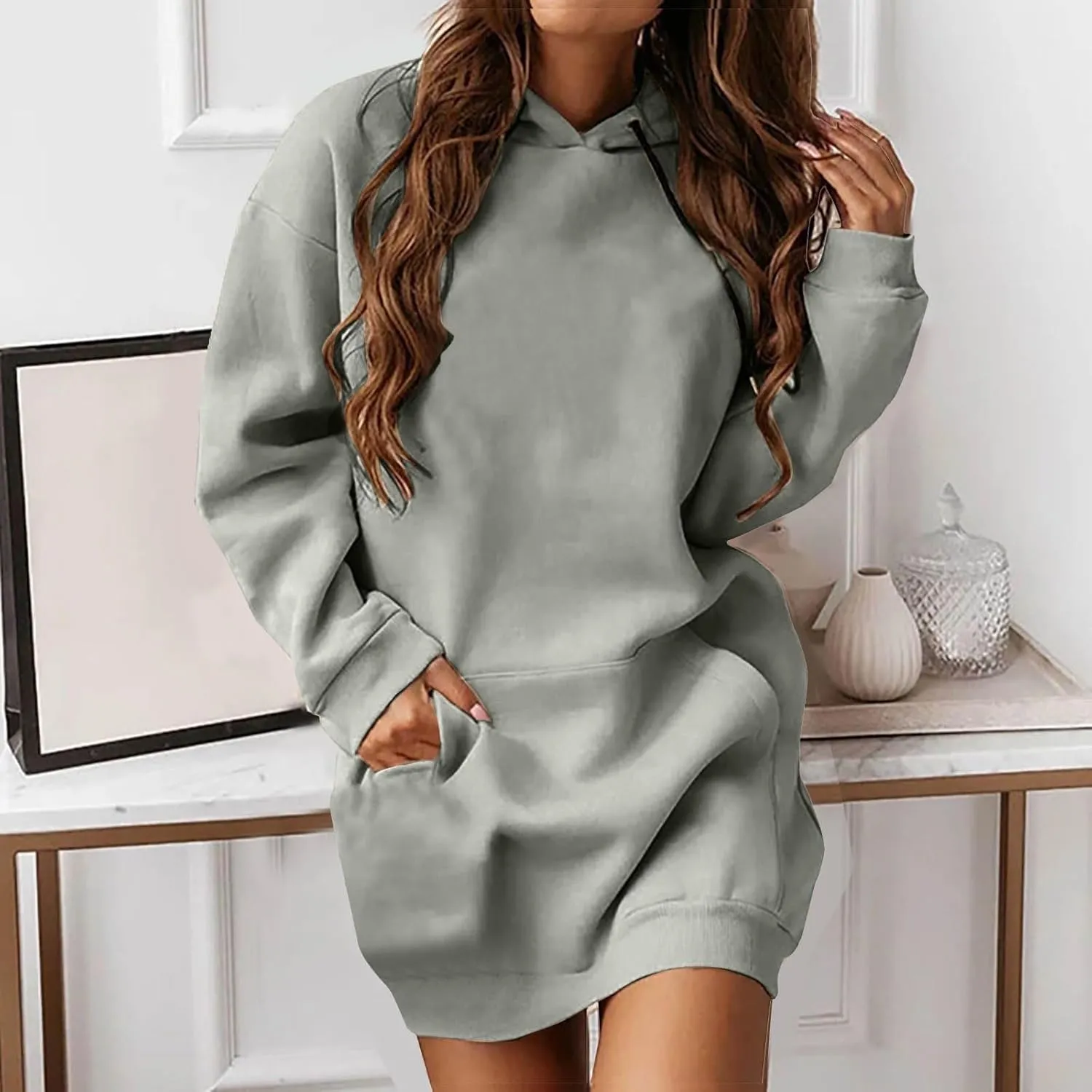 Hoodie Dress for Women Oversized Hooded Pullover Long Sleeve Sweatshirts Casual Fall Winter Hoodies Dress with Pocket