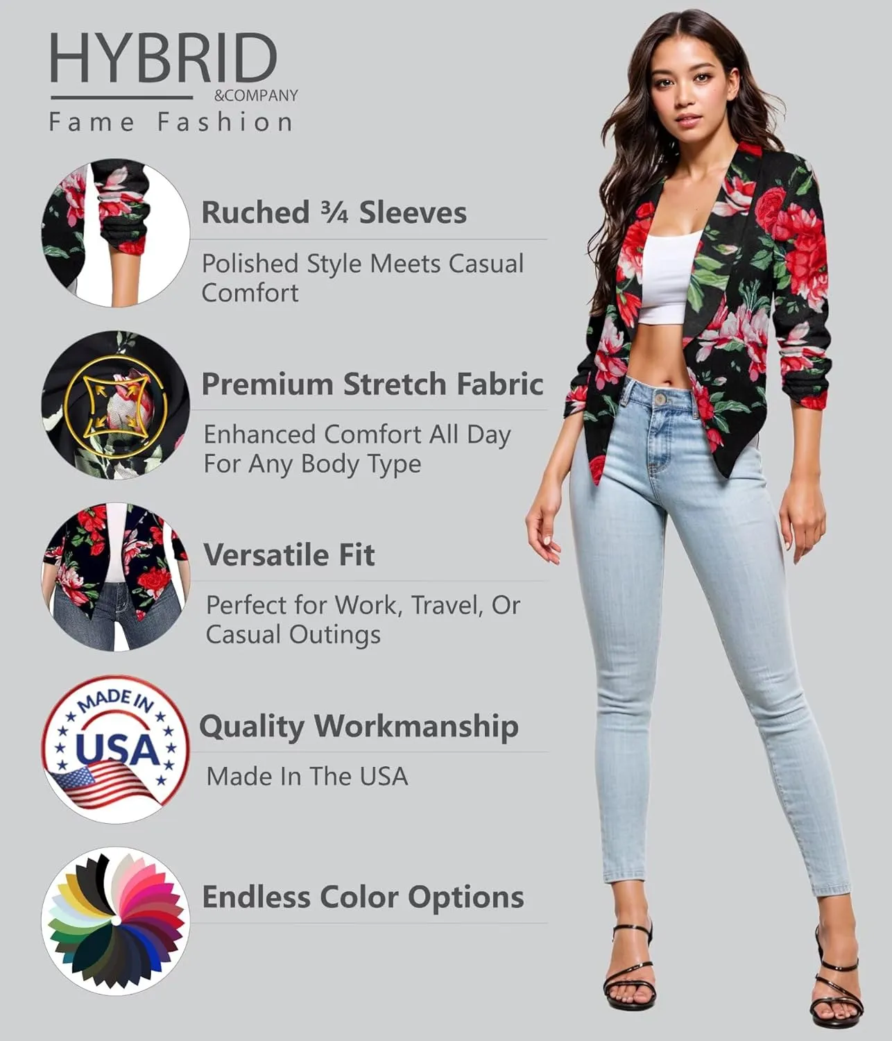 Hybrid & Company Women's Casual Work Office Blazer Jacket Open Front Shawl with 3/4 Scrunch Sleeves